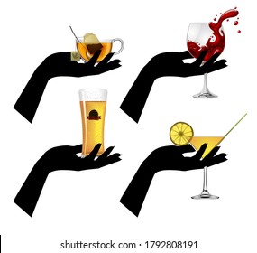 Black silhouettes of female hand holding on the palm colorful different kinds of drinks isolated on white. Vector illustration