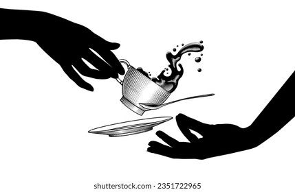 Black silhouettes of female hands with a flying coffee cup with splashed coffee or tea, a dish and a spoon isolated on white. Vintage engraving stylized drawing. Vector illustration