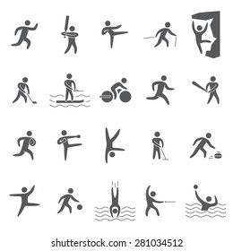 Black silhouettes figures of athletes popular sports. Icons running, cricket, hockey, baseball, rugby, kickboxing, acrobatics, dance, basketball and other.