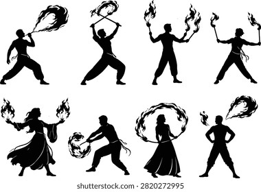 Black silhouettes of fire dancers performing with flaming torches and rings against white background