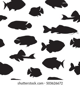 Black silhouettes of fish on white background. Seamless pattern. Vector illustration