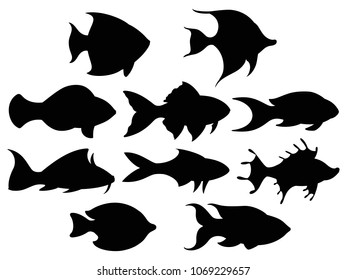 Black silhouettes of fish. Vector set of stylized fish.