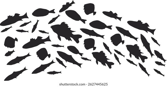 black silhouettes of fishes,Swimming group of fishes on white background,Set of different fish hand drawn