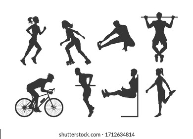 Black silhouettes of fitness people. Outdoor sport. Young active men and girls. Isolated athletic image. Side view. Vector illustration