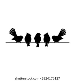 Black silhouettes of five birds sitting on a wire, showcasing natural bird behavior and elegant shapes against a plain background.