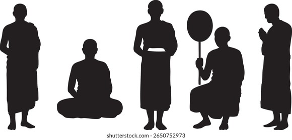 Black silhouettes of five Buddhist monks standing, sitting, and praying, isolated on white background, representing spiritual practice.