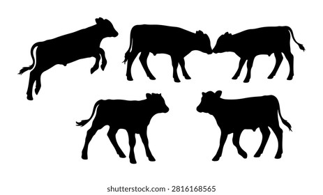 Black silhouettes of five horses in various poses, showcasing their elegance and strength against a plain background.