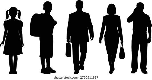 Silhuetas pretas de cinco indivíduos com vários acessórios e roupas