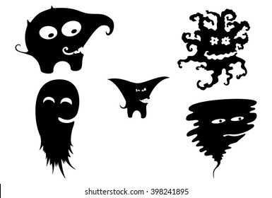 black silhouettes of five monsters