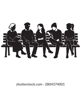 Black silhouettes of five people sitting on a bench, engaged in various activities.