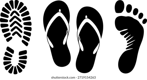 schwarze Silhouetten von Flip-Flops und Fußabdrücken auf weißem Hintergrund