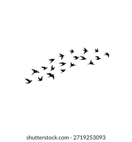 Black silhouettes of a flock of birds flying in a graceful S-curve formation. Minimalist vector illustration representing migration, seasonal travel, and the beauty of natural movement.