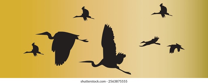 Black silhouettes of flock of flying swans. Vector on yellow background