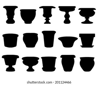 Black silhouettes of flowerpots and pottery, vector