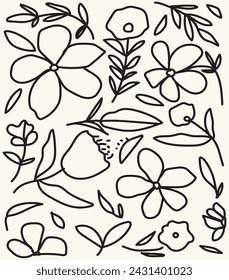 Black silhouettes of  flowers and leaves  on white background. Hand drawn sketch flowers and leaves.eps 10.