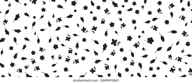Black Silhouettes Of Flowers And Leaves Seamlessly Patterned on A White Background, Perfect for Elegant Minimalist Art, Nature Decor, and Textile Design Projects.