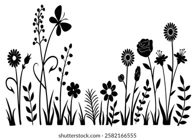 Black Silhouettes of Flowers and Plants Arranged in Horizontal Line

