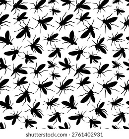 black silhouettes of flying insects on white background