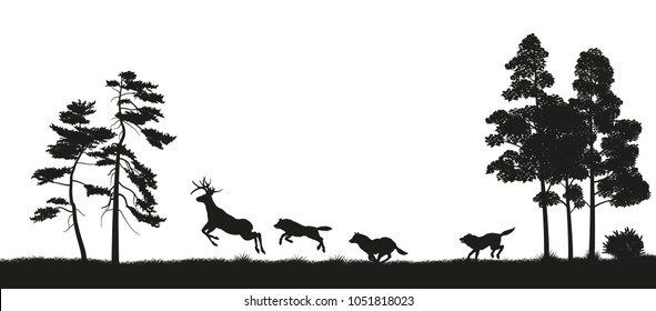 
Black silhouettes of forest animals. Flock of wolves hunts a deer. Isolated landscape. Wildlife scene. Vector illustration