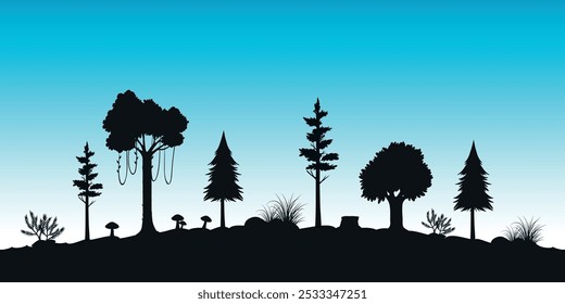 Silhuetas pretas de silhuetas pretas de árvores florestais estão localizadas em uma colina contra o céu azul. Paisagem florestal. Vetor