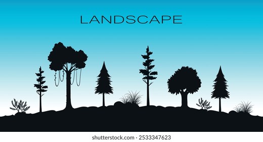 Schwarze Silhouetten von Schwarzen Silhouetten von Waldbäumen befinden sich auf einem Hügel gegen den blauen Himmel. Waldlandschaft. Vektorgrafik