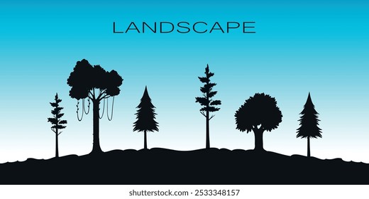 Siluetas negras de siluetas negras de árboles del bosque se encuentran en una colina contra el cielo azul. Paisaje forestal. Vector