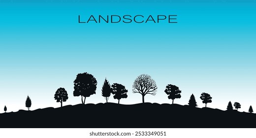 Schwarze Silhouetten von Schwarzen Silhouetten von Waldbäumen befinden sich auf einem Hügel gegen den blauen Himmel. Waldlandschaft. Vektorgrafik