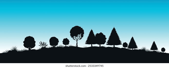 Black silhouettes of Black silhouettes of forest trees are located on a hill against the blue sky. Forest landscape. Vector