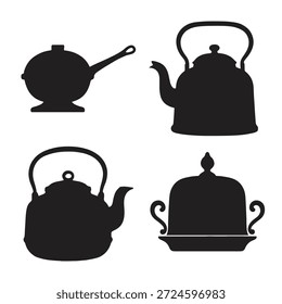 Black silhouettes of four different tea kettles and a serving dish teapot