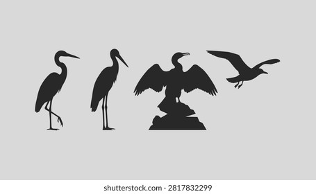 Black silhouettes of four different water birds including heron, stork, cormorant, and seagull on grey background.