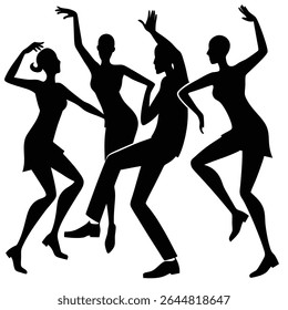 Silhuetas pretas de quatro indivíduos graciosamente dançam contra um fundo branco, braços levantados em movimento fluido com duas mulheres vestindo vestidos e um homem de terno.