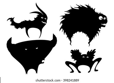 black silhouettes of four monsters