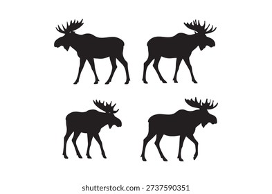 Black silhouettes of four moose in various poses against a clean, white background.
