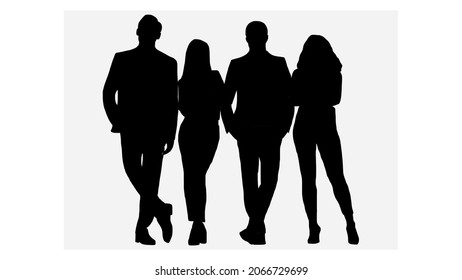 Black silhouettes of four people, Employees or Businessmen, and women, group of people at work. Isolated vector silhouettes