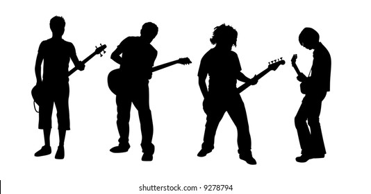 black silhouettes of four young guitar players