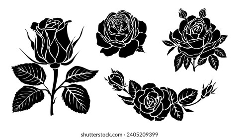 Black silhouettes of fresh blossoming rose vector.