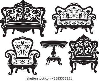 Black silhouettes of furniture on white background Vintage furniture collection.