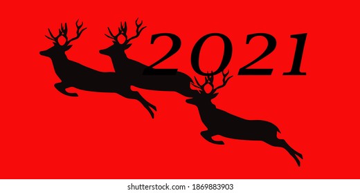 Siluetas negras de ciervos galopantes sobre un fondo rojo. Ilustración vectorial en un fondo rojo. Ilustración del Año Nuevo 2021.