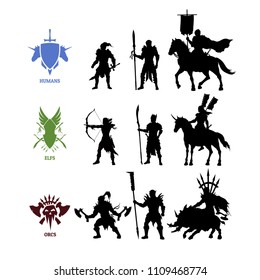 Black silhouettes games characters. Elfs, orcs and humans warrior. Fantasy knights. Icon of medieval units. Isolated drawing of fantastical warlords. Vector illustration