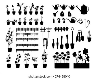 Black silhouettes of gardening tools, plants,herbs, flowers isolated on white