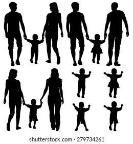 Black Silhouettes Gay, Lesbian Couples And Family With Children On White Background. Vector Illustration.