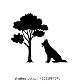 Silhuetas pretas de um cão pastor alemão e uma árvore em um fundo branco. O estilo é simples e gráfico vetorial minimalista.