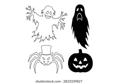 Black silhouettes of a ghost, spider wearing a top hat, pumpkin, and wraith are displayed against a white background. The