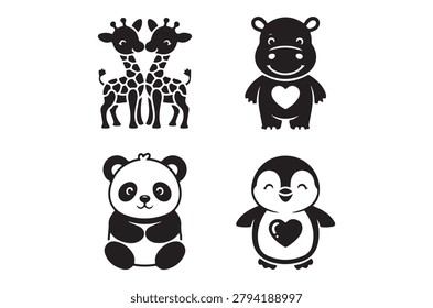 Black silhouettes of a giraffe pair, hippo, panda, and penguin are shown against a white background. The images are flat