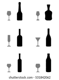 Black silhouettes of glasses and bottles, vector