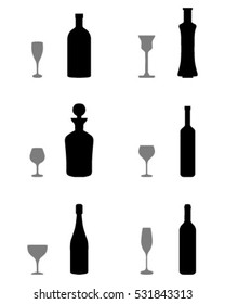 Black silhouettes of glasses and bottles, vector
