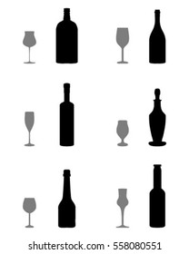 Black silhouettes of glasses and bottles, vector