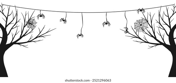 Black silhouettes of gloomy trees with cobwebs and spiders on a white background with space for text. Halloween background. Vector