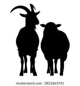 Black silhouettes of a goat and a sheep facing each other, highlighting their distinct horns and body shapes in a simple, minimalist style.