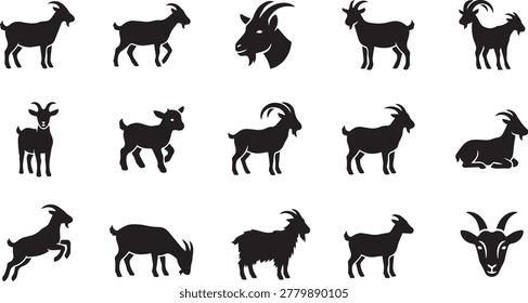 Black silhouettes of goats with horns in different positions and angles. collection of animal shapes for farm, livestock, or agricultural design. various goat profiles.